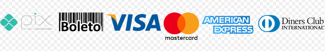 Formas de pagamento aceitas: Pix, Boleto, Visa, Mastercard, American Express e Diners Club